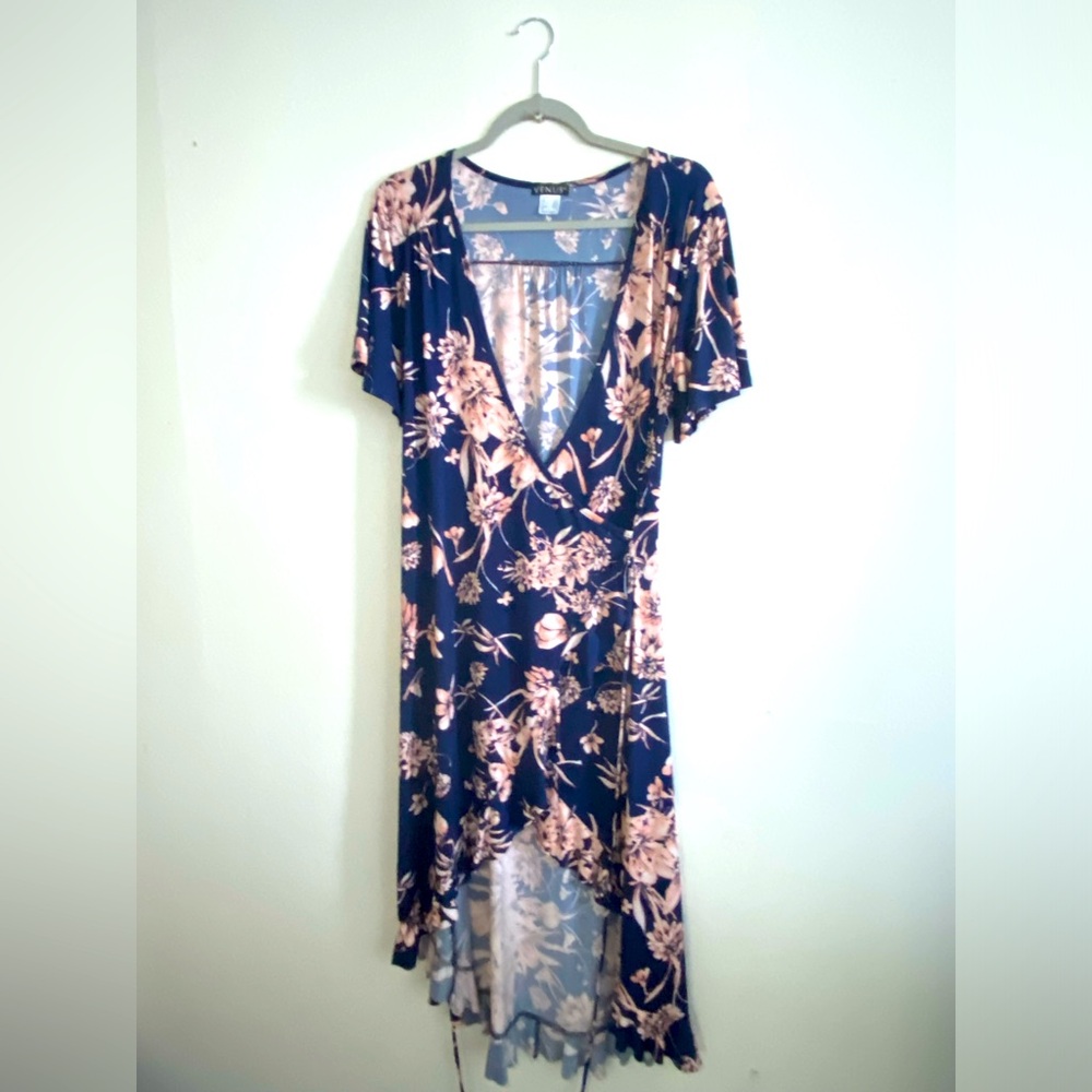 VENUS Navy and Pink Floral Midi Dress